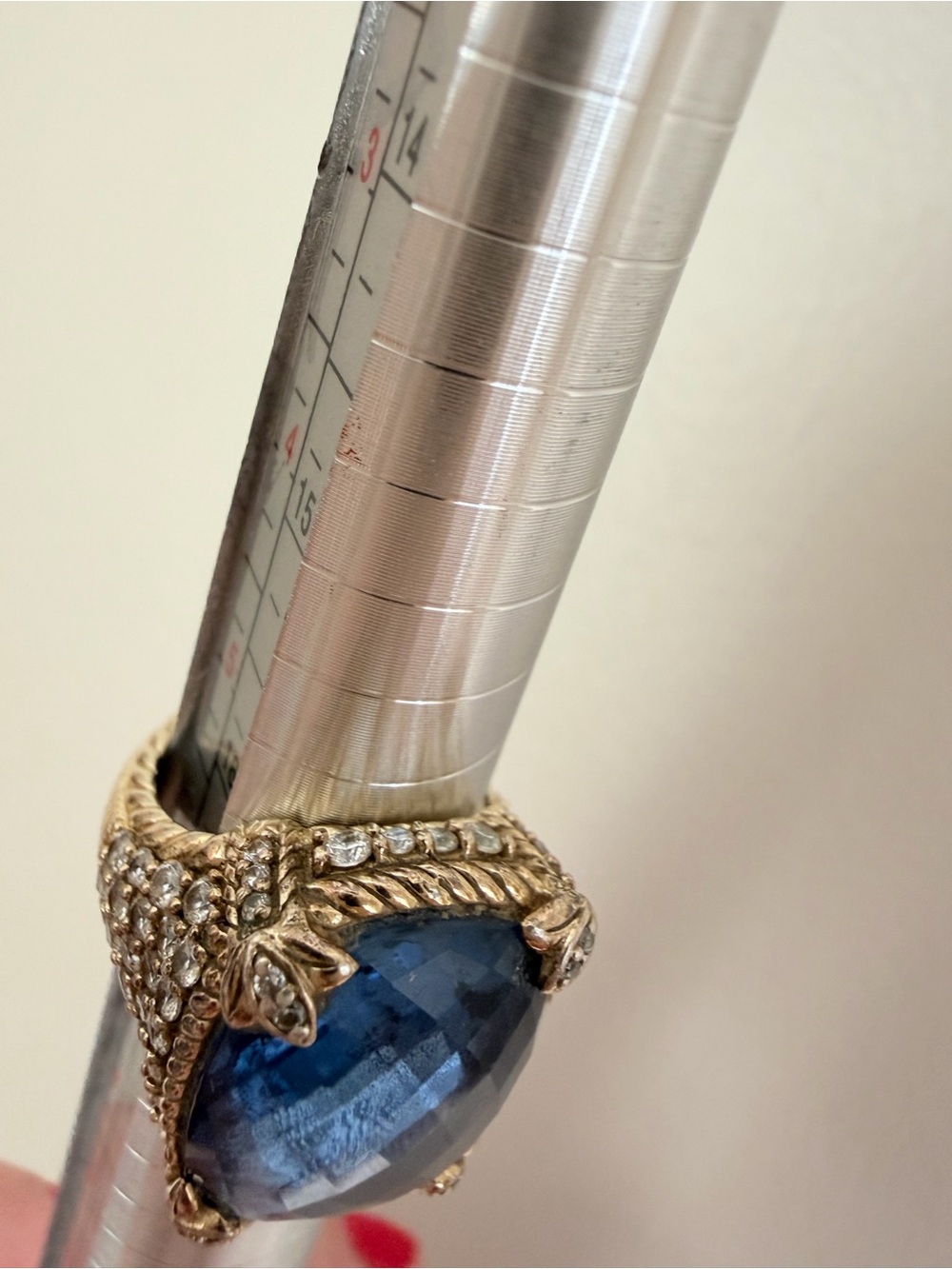 RARE Judith Ripka 925 Gold-Tone Ring with Deep Blue Cabochon and Pavé Accents - Picture 7 of 11